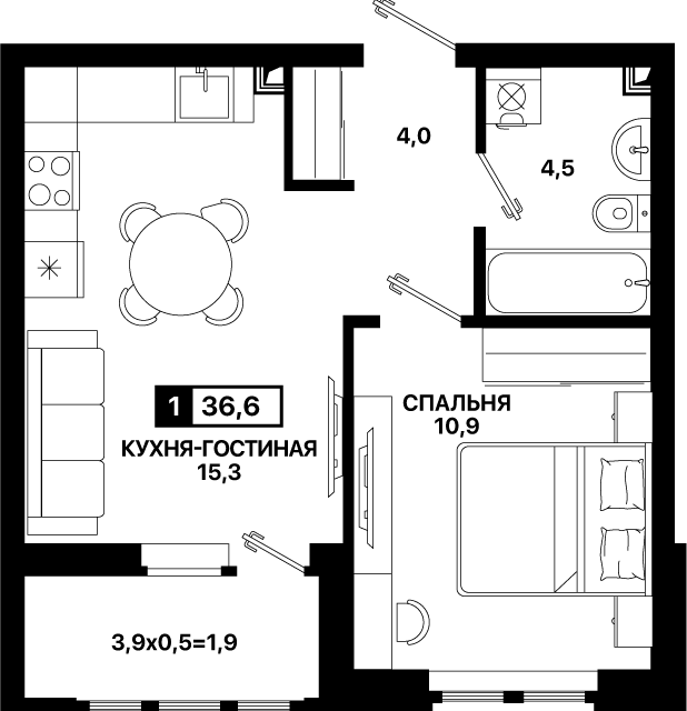 Продаётся 1-комнатная квартира, 36.6 м²