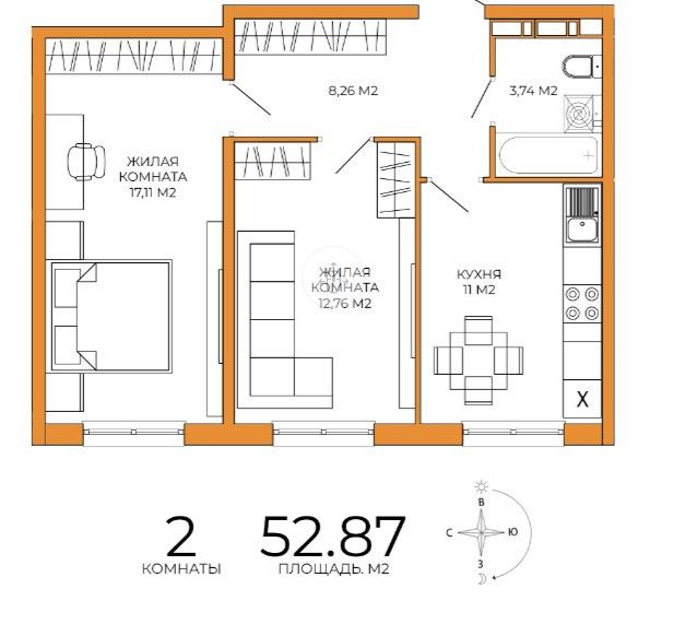 Продаётся 2-комнатная квартира, 52.87 м²