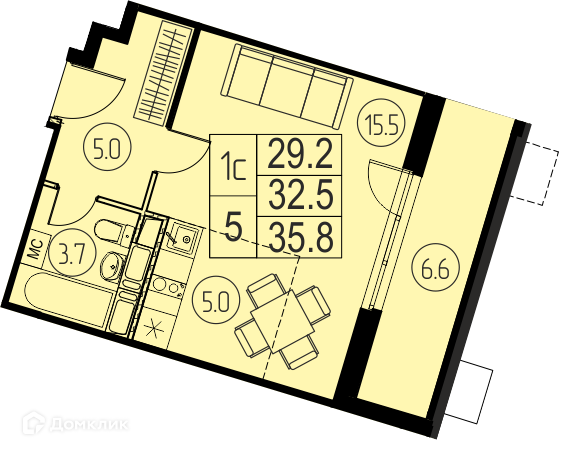 Продаётся 1-комнатная квартира, 32.5 м²
