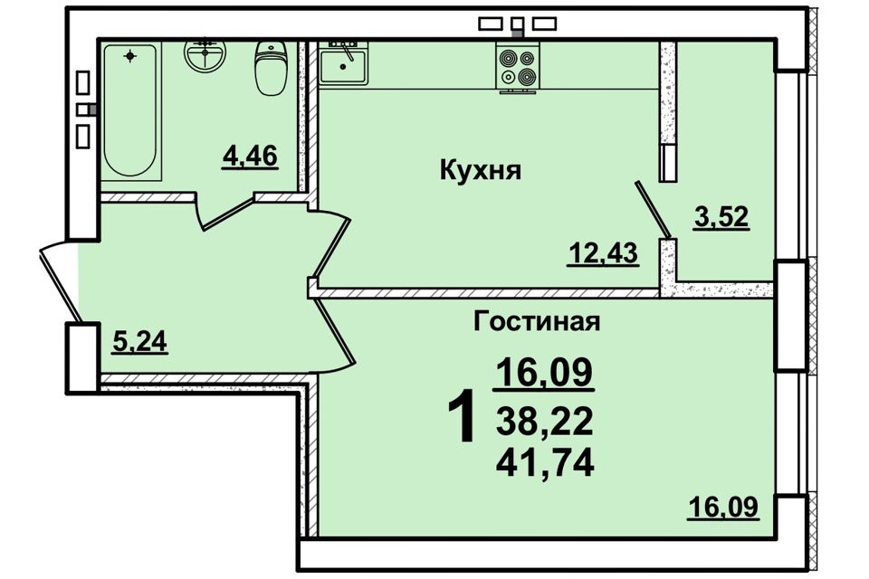 Продаётся 1-комнатная квартира, 38.2 м²