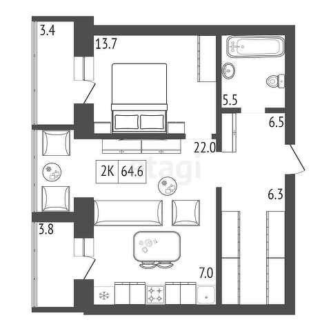 Продаётся 1-комнатная квартира, 64.6 м²
