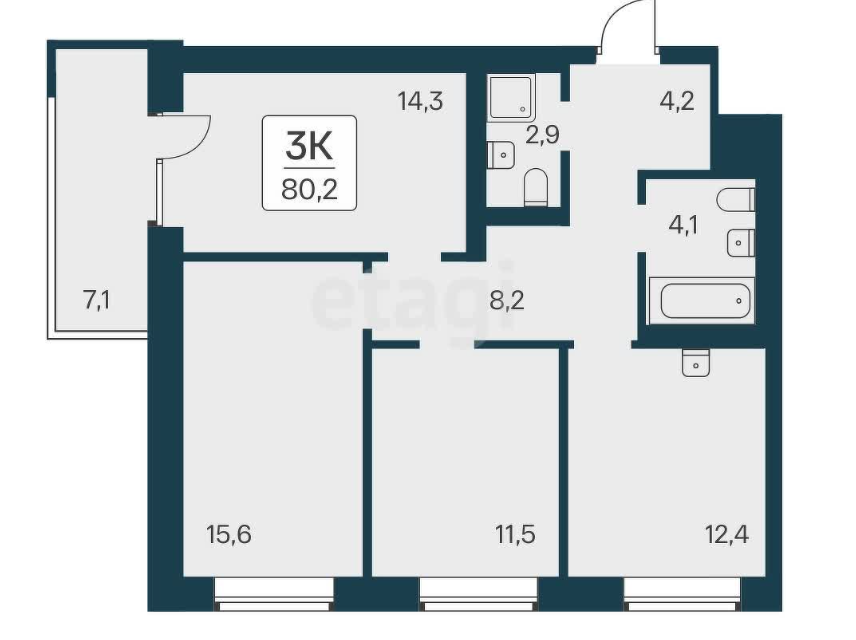 Продаётся 3-комнатная квартира, 80.2 м²