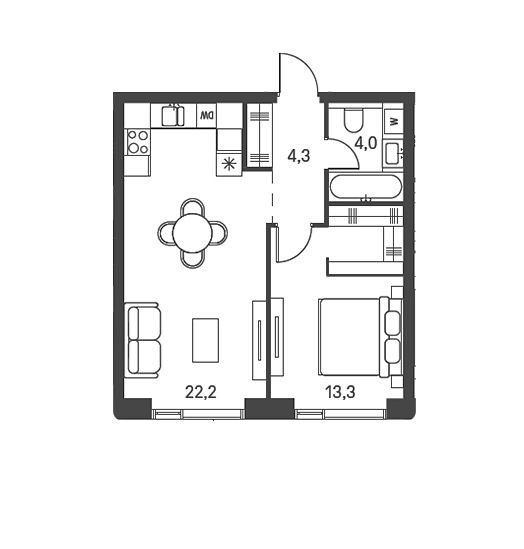 Продаётся 1-комнатная квартира, 43.8 м²