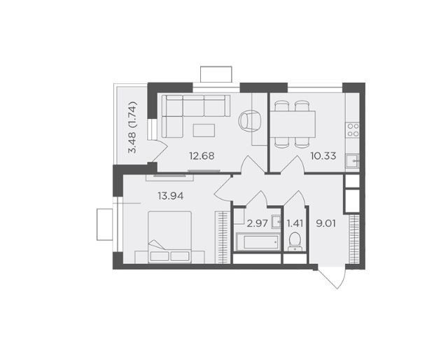 Продаётся 2-комнатная квартира, 52.08 м²