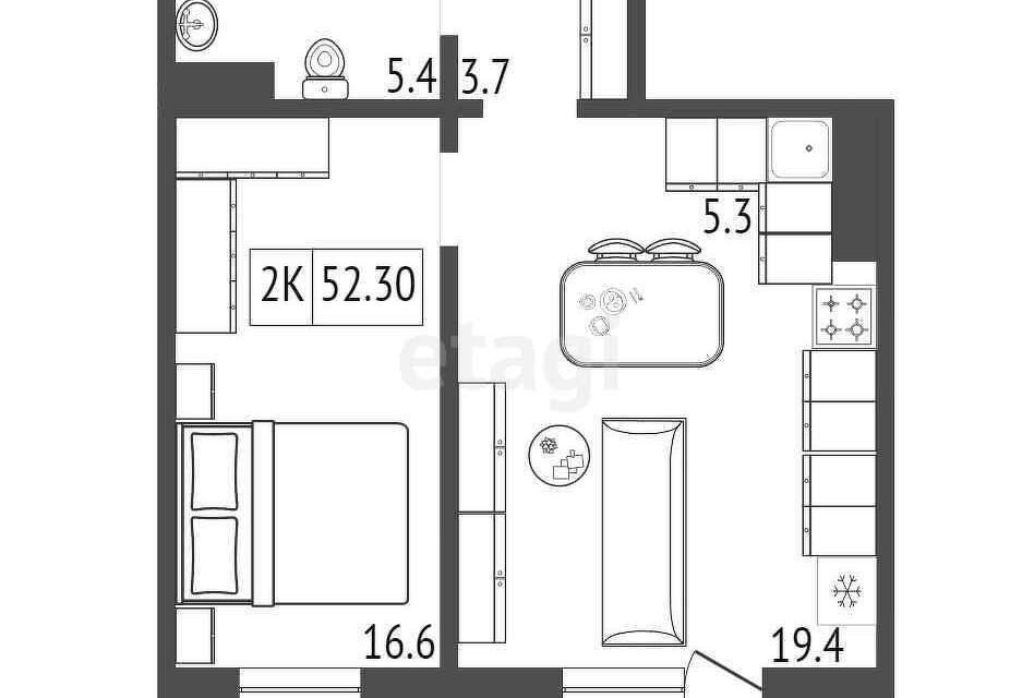 Продаётся 1-комнатная квартира, 52.3 м²