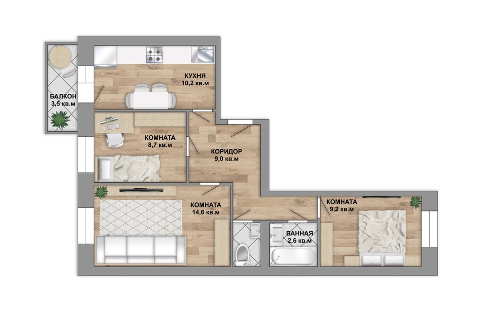 Продаётся 3-комнатная квартира, 59.3 м²