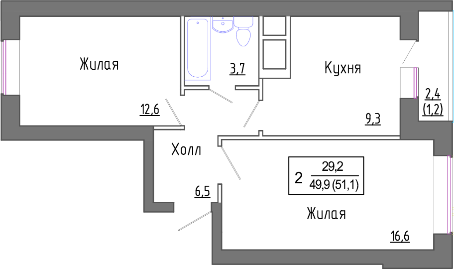 Продаётся 2-комнатная квартира, 50.57 м²