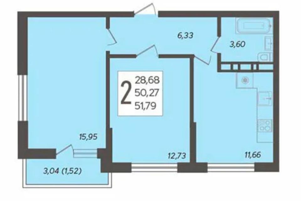 Продаётся 2-комнатная квартира, 51.9 м²