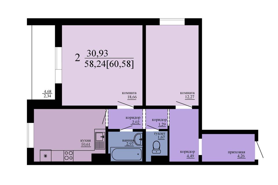 Продаётся 2-комнатная квартира, 60 м²