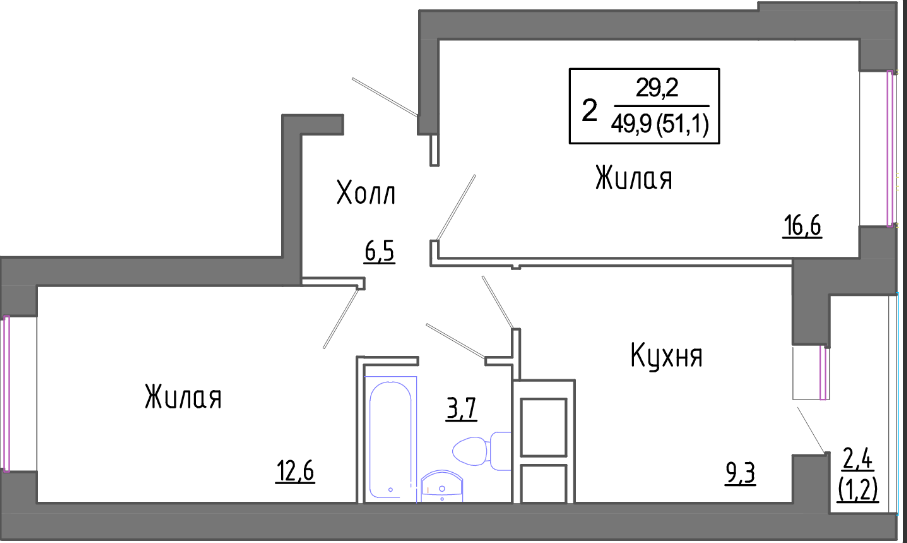Продаётся 2-комнатная квартира, 49.9 м²