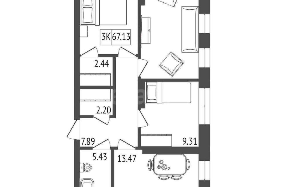 Продаётся 3-комнатная квартира, 67.91 м²