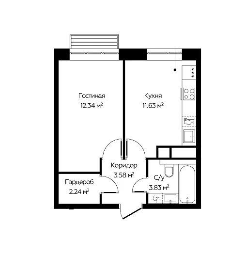 Продаётся 1-комнатная квартира, 33.61 м²