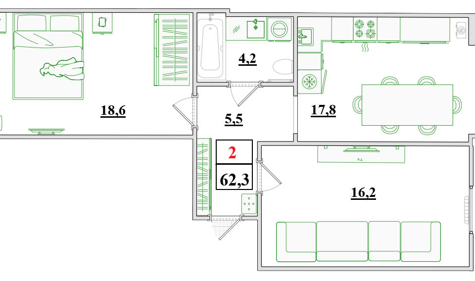 Продаётся 2-комнатная квартира, 62.3 м²