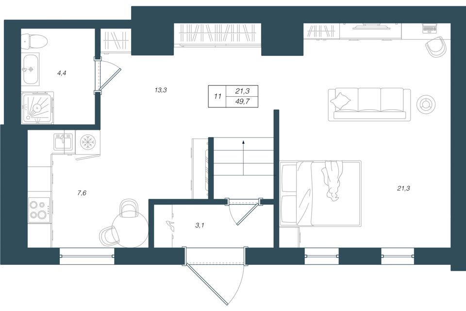 Продаётся 1-комнатная квартира, 49.7 м²