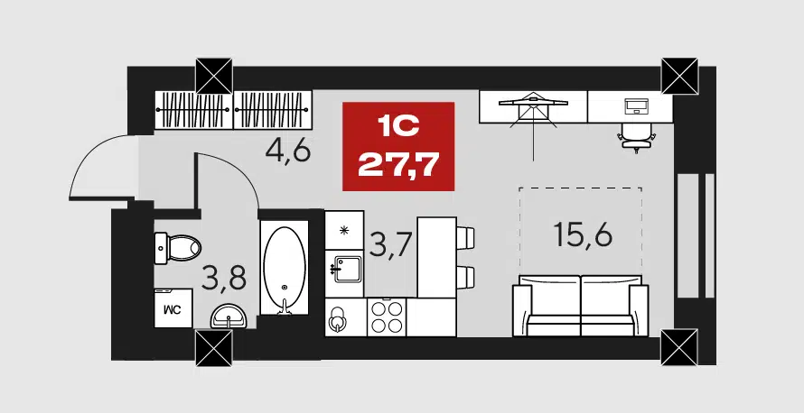 Продаётся студия, 27.7 м²