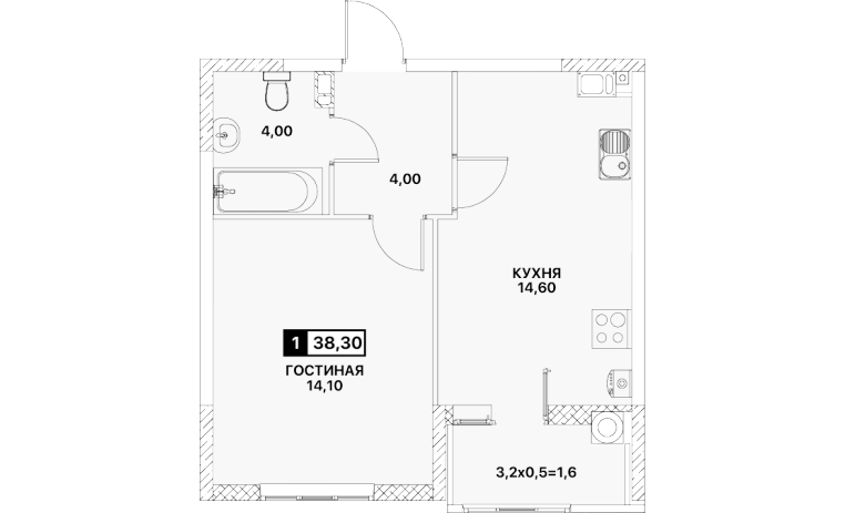 Продаётся 1-комнатная квартира, 38 м²