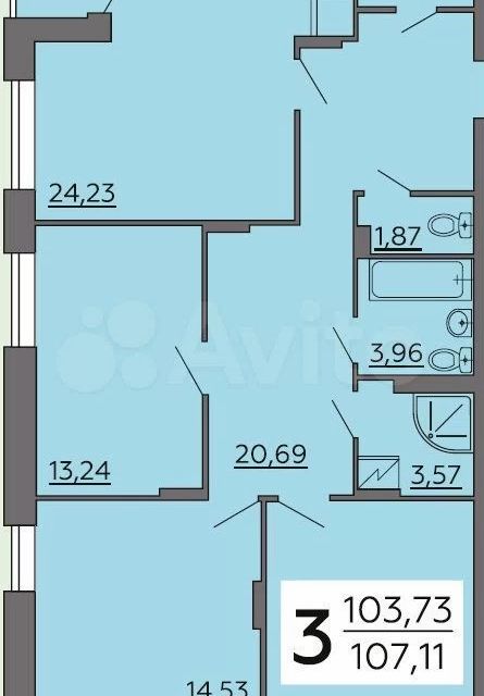 Продаётся 3-комнатная квартира, 103.9 м²