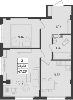 Продаётся 2-комнатная квартира, 47.28 м²