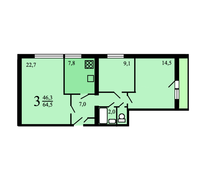 Продаётся 3-комнатная квартира, 64.8 м²