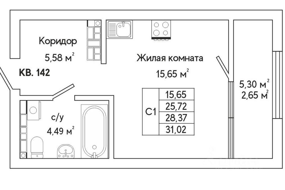 Продаётся 1-комнатная квартира, 31.12 м²