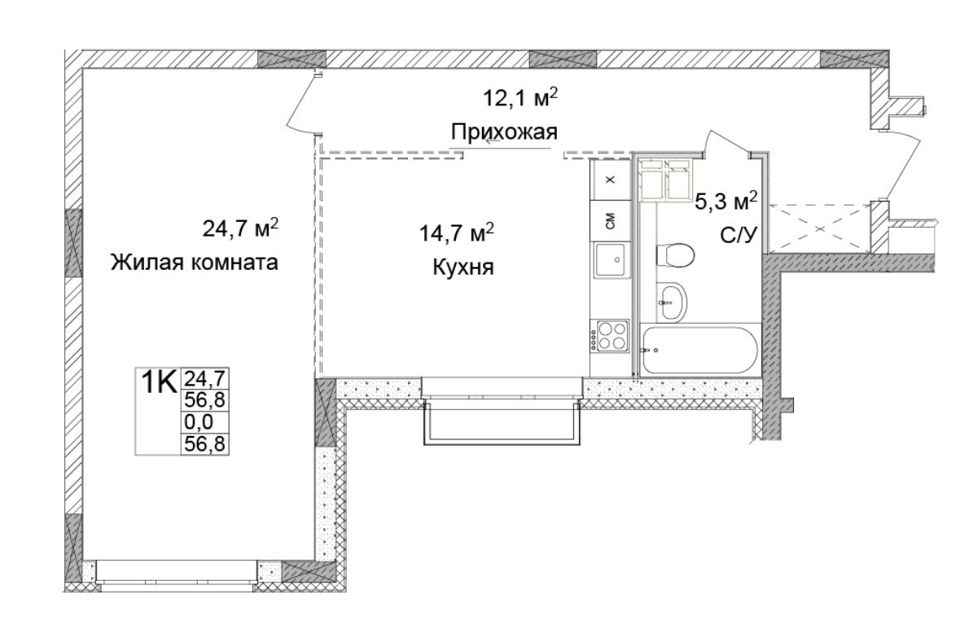 Продаётся 1-комнатная квартира, 60 м²