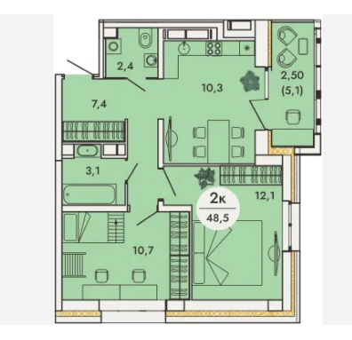 Продаётся 2-комнатная квартира, 48.5 м²