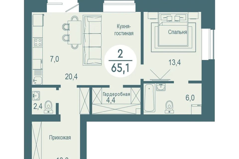 Продаётся 1-комнатная квартира, 65.1 м²