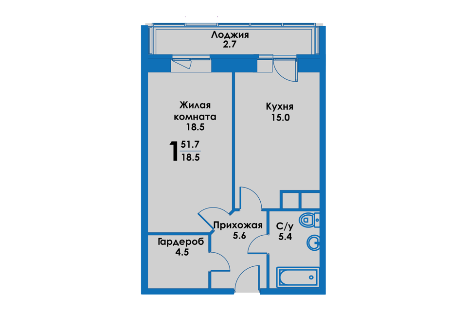 Продаётся 1-комнатная квартира, 51.8 м²