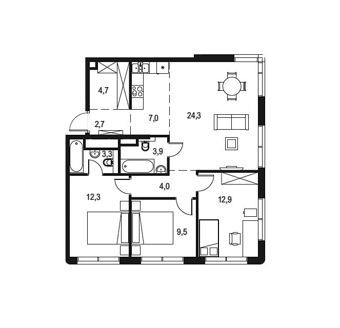 Продаётся 3-комнатная квартира, 84.6 м²