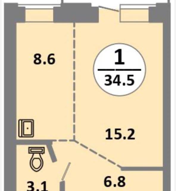 Продаётся 1-комнатная квартира, 34.5 м²