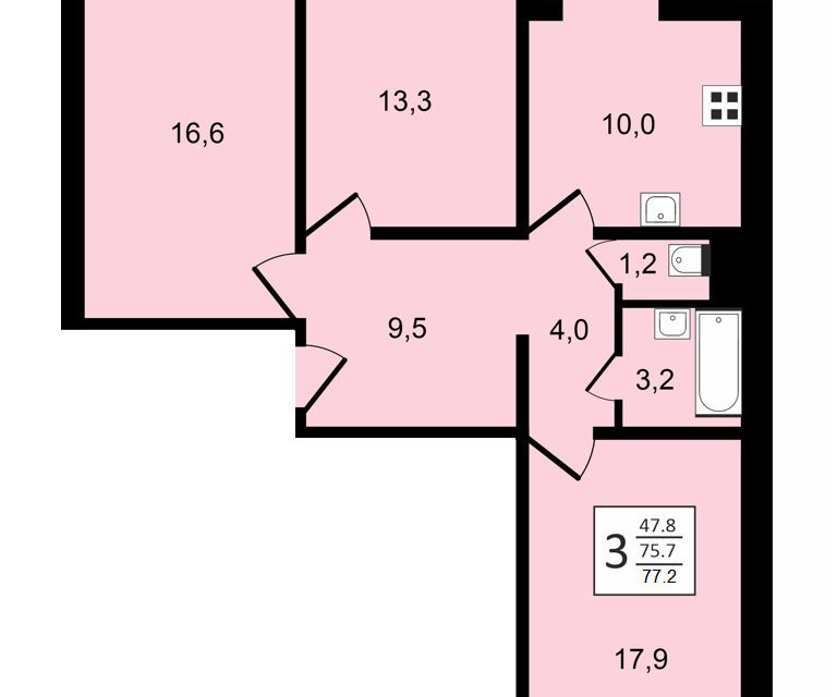 Продаётся 3-комнатная квартира, 76.8 м²
