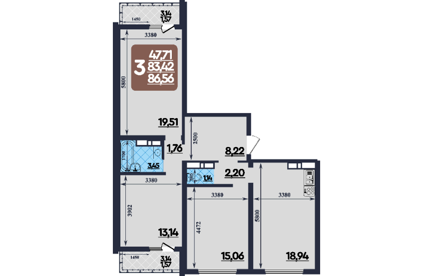 Продаётся 3-комнатная квартира, 86.5 м²
