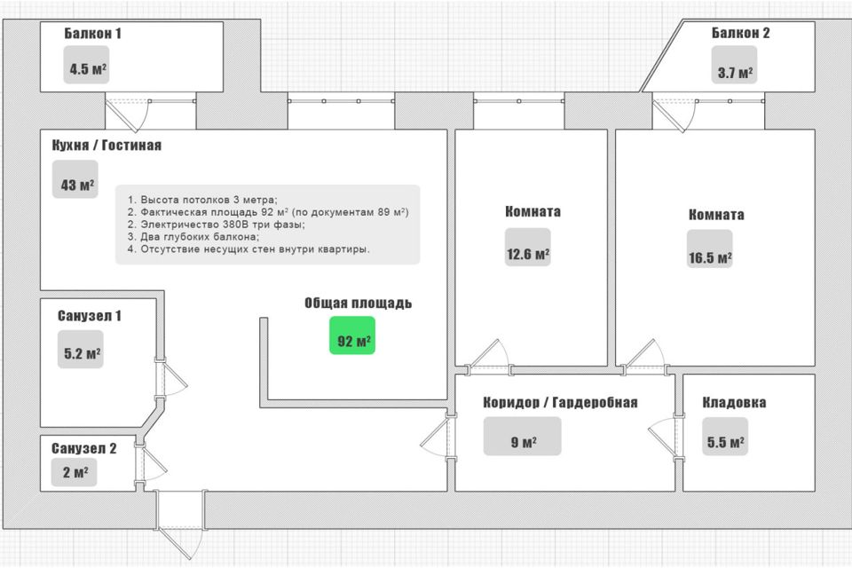 Продаётся 3-комнатная квартира, 89 м²