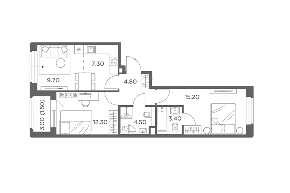 Продаётся 2-комнатная квартира, 58.7 м²