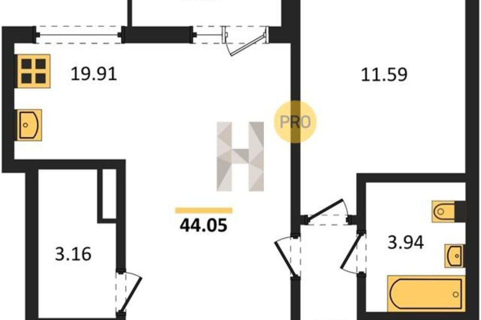 Продаётся 1-комнатная квартира, 44.5 м²