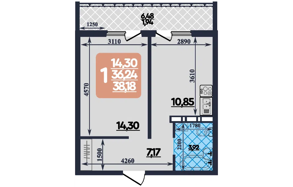 Продаётся 1-комнатная квартира, 38 м²