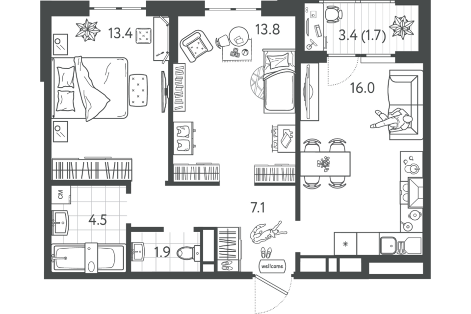 Продаётся 2-комнатная квартира, 52.6 м²