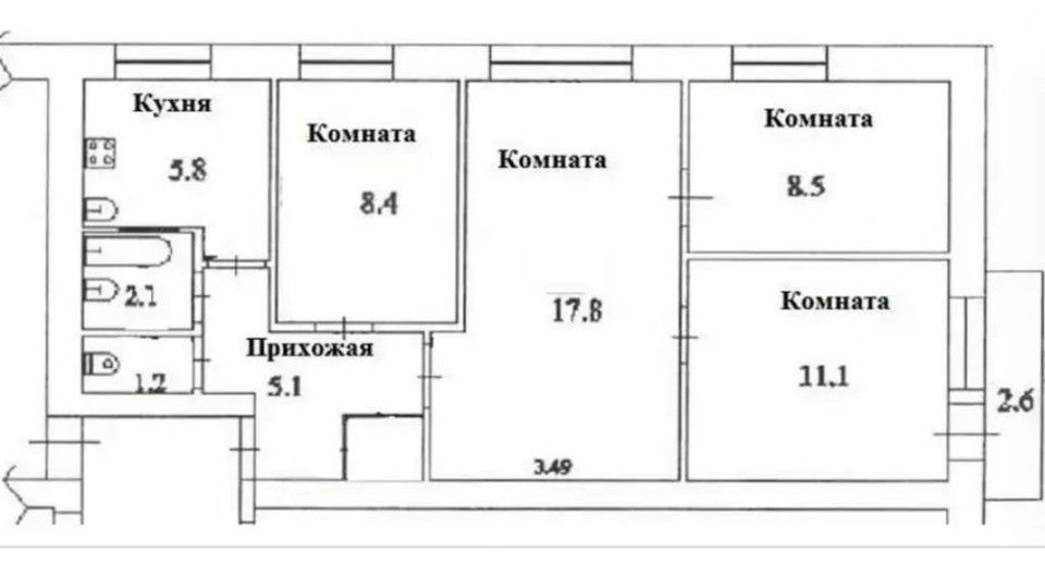 Продаётся 4-комнатная квартира, 60.3 м²