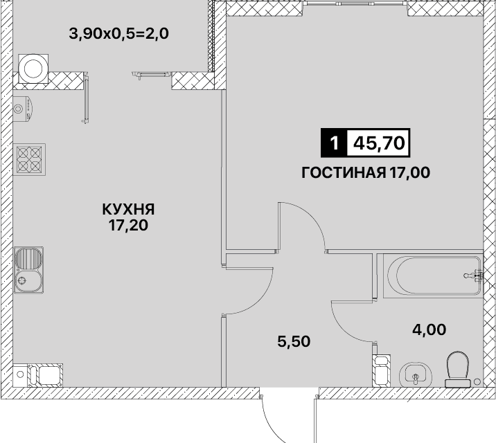 Продаётся 1-комнатная квартира, 46 м²