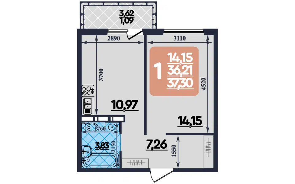 Продаётся 1-комнатная квартира, 37 м²