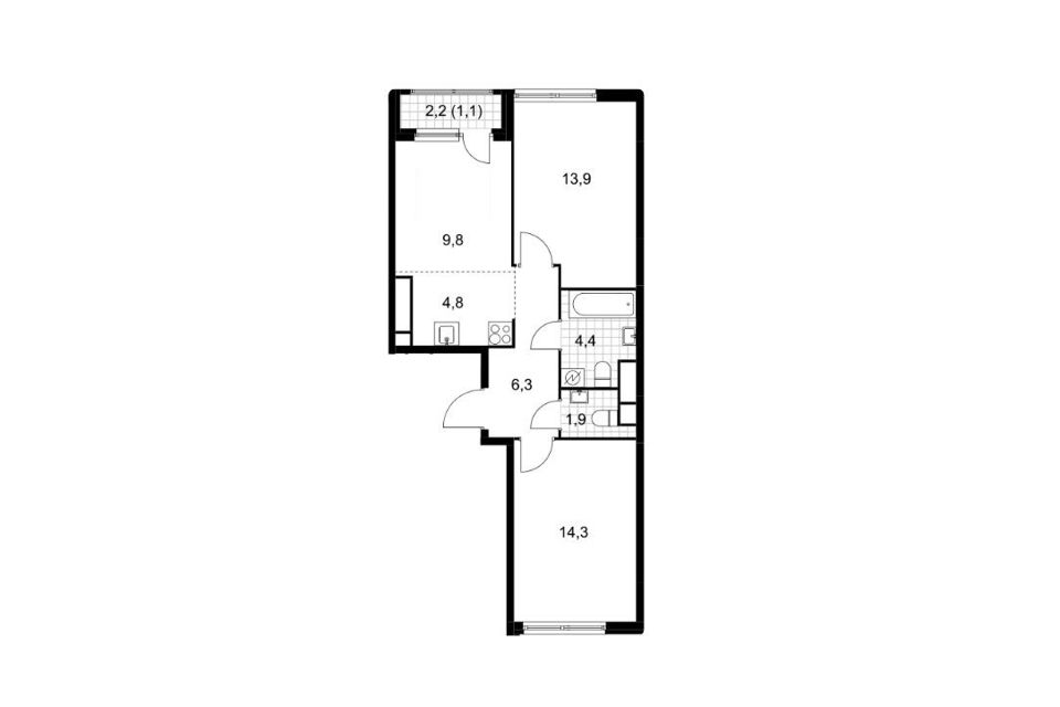 Продаётся 2-комнатная квартира, 56.5 м²