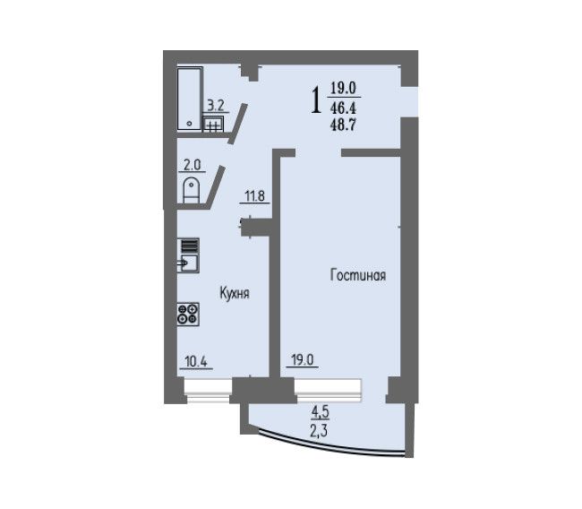 Продаётся 1-комнатная квартира, 48.7 м²