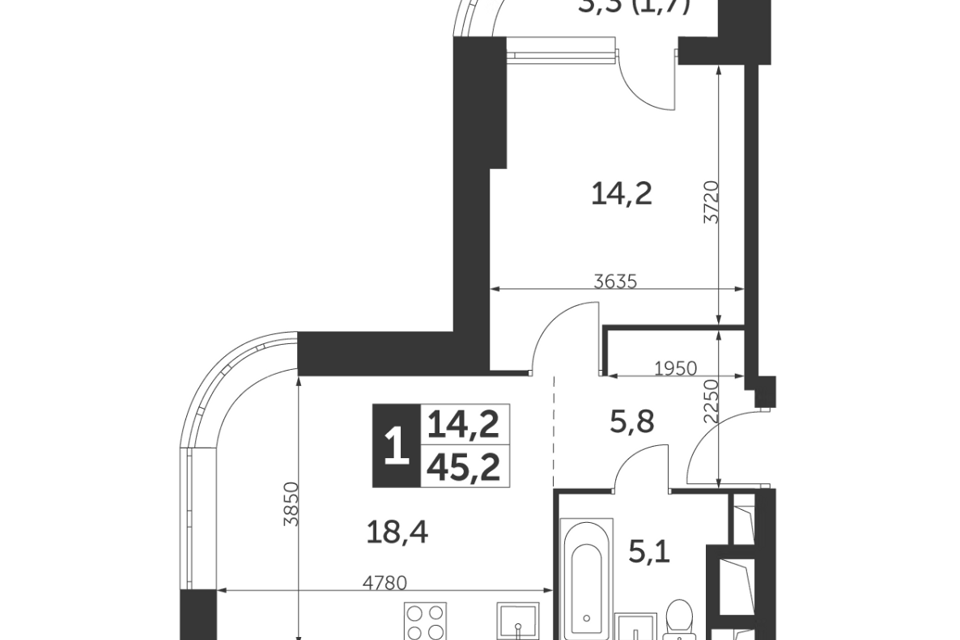 Продаётся 1-комнатная квартира, 45.2 м²