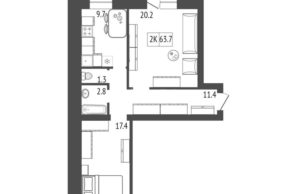Продаётся 2-комнатная квартира, 63.7 м²