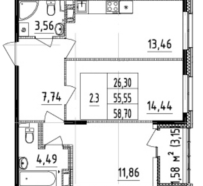 Продаётся 2-комнатная квартира, 59 м²