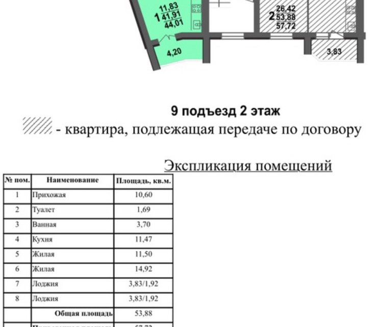 Продаётся 2-комнатная квартира, 57.7 м²