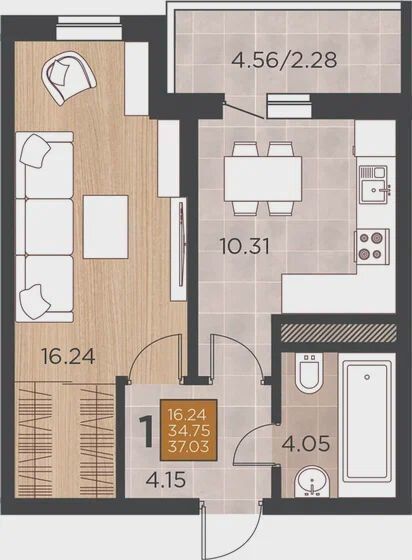 Продаётся 1-комнатная квартира, 37.03 м²