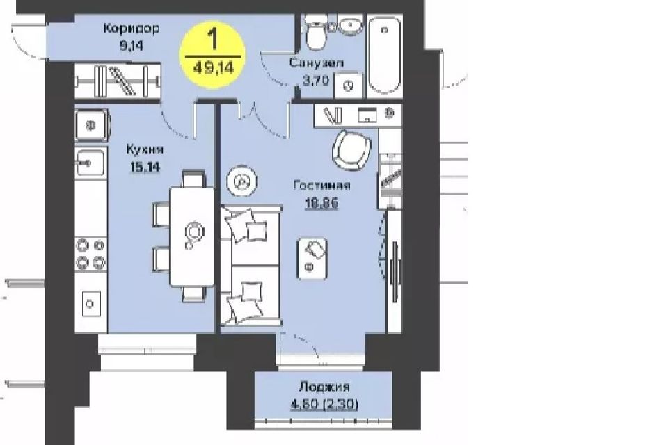 Продаётся 1-комнатная квартира, 49 м²