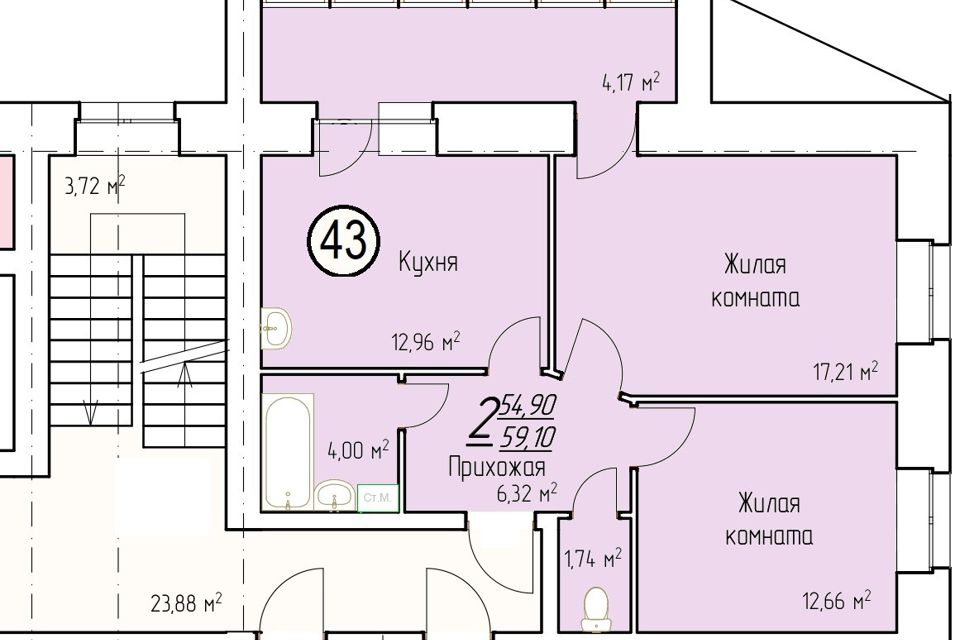 Продаётся 2-комнатная квартира, 58.5 м²