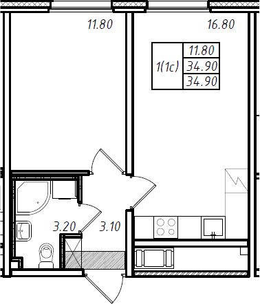 Продаётся 1-комнатная квартира, 34.9 м²